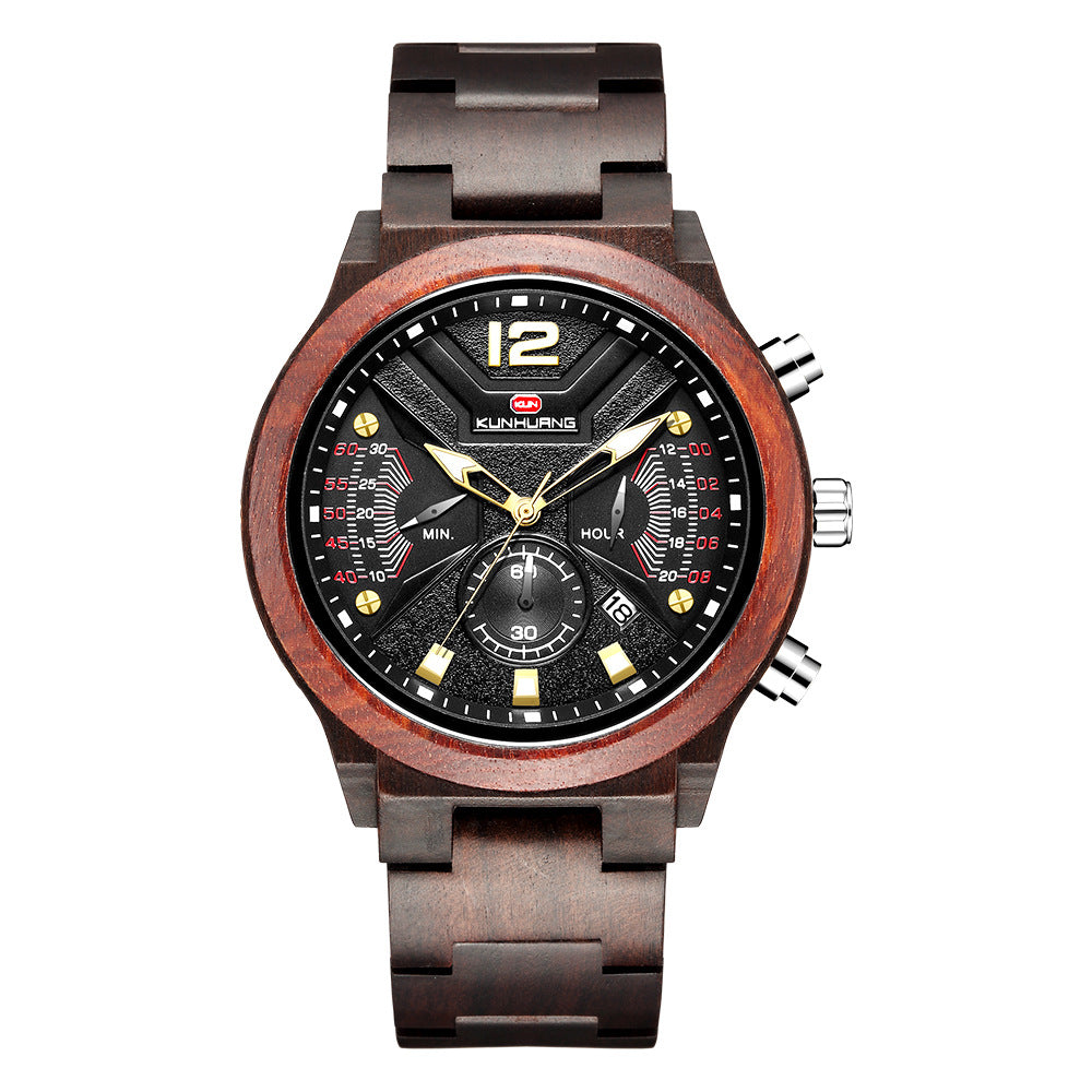 Kunhuang new men's watch multi-function chronograph fashion sports quartz wood watch