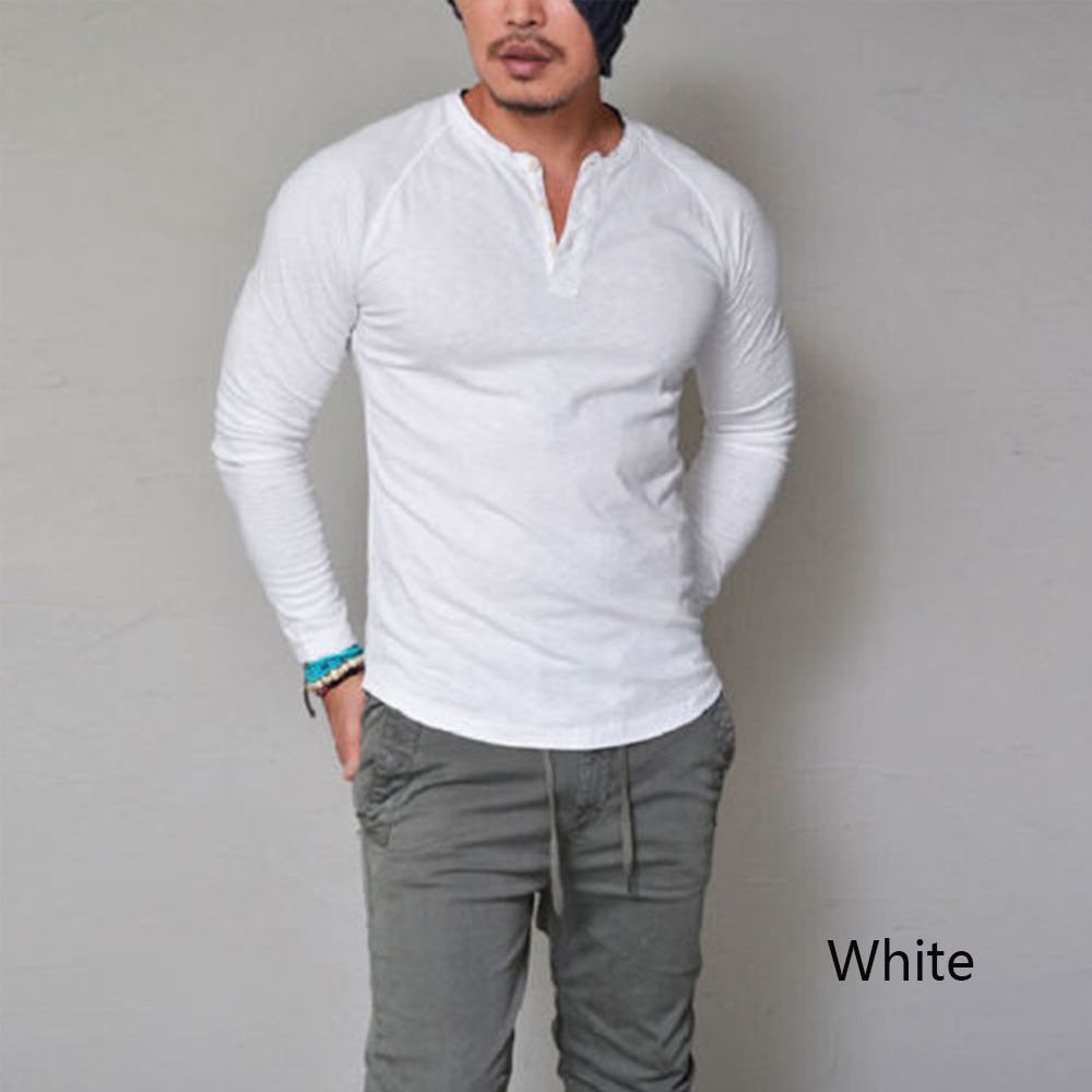 European and American men's solid color long-sleeved T-shirt round neck casual tight-fitting muscle button long-sleeved t-shirt