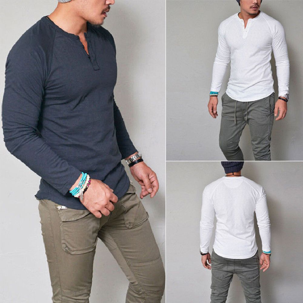 European and American men's solid color long-sleeved T-shirt round neck casual tight-fitting muscle button long-sleeved t-shirt