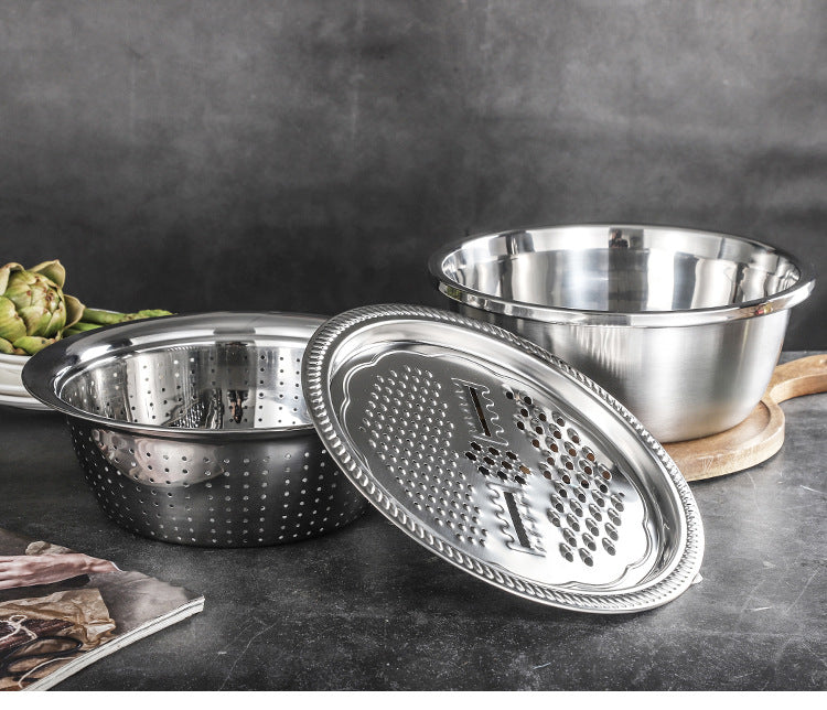 Stainless steel multi-function grating basin set Kitchen rice sieve drain basin Three-piece family practical gift set