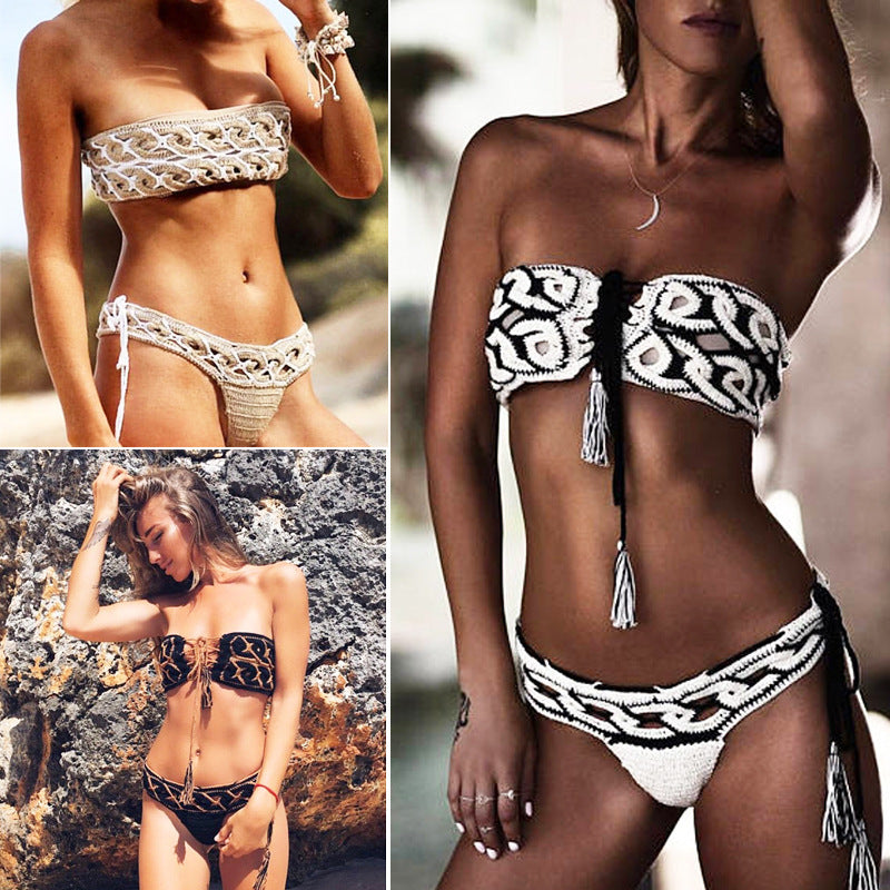 European and American hand crocheted bikini split suit handmade knitted sexy hollow swimsuit