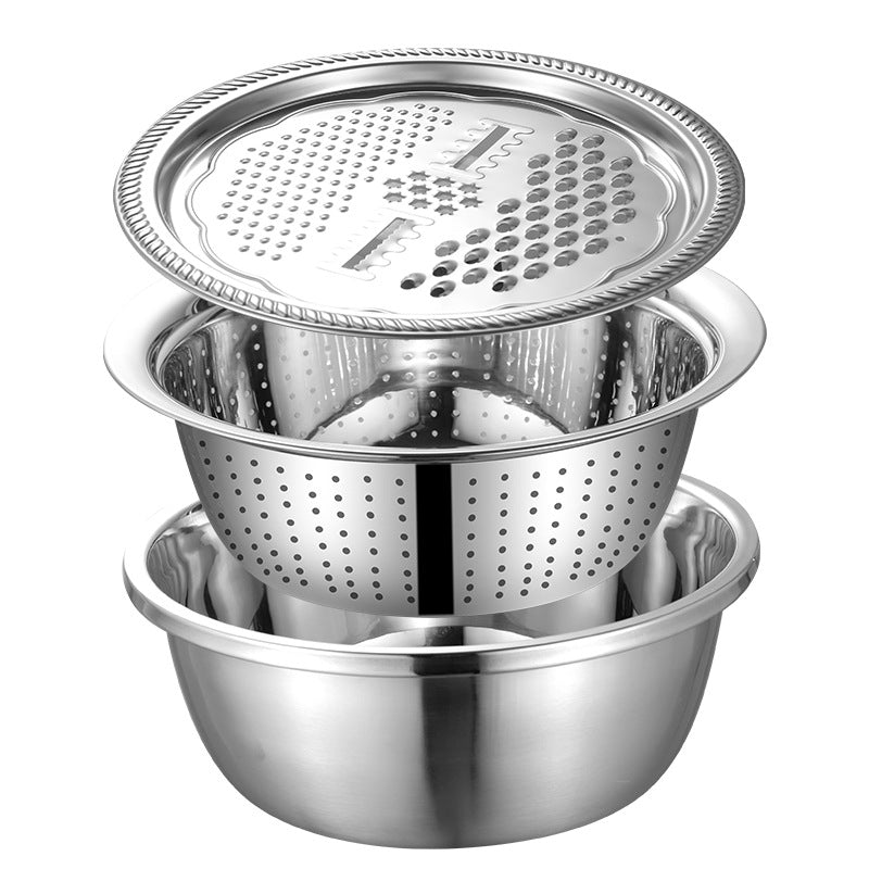 Stainless steel multi-function grating basin set Kitchen rice sieve drain basin Three-piece family practical gift set