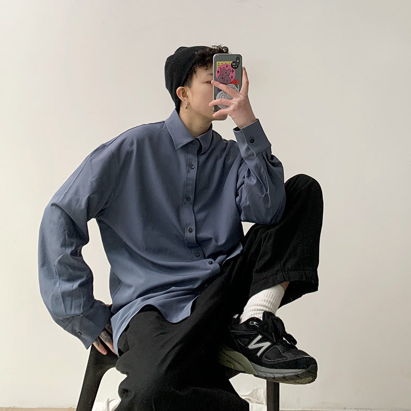 Korean style handsome shirt Blue-gray temperament men's shirt