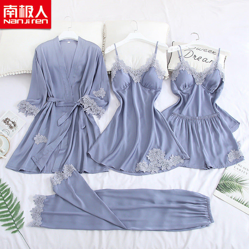 Pajamas female sexy five-piece ice silk suspender skirt with chest pad nightgown