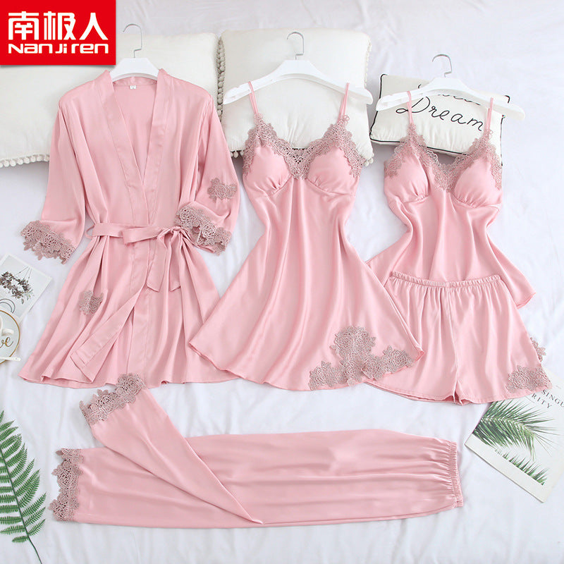 Pajamas female sexy five-piece ice silk suspender skirt with chest pad nightgown
