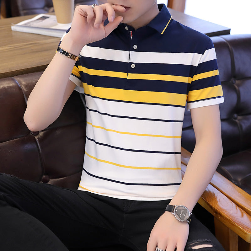 Summer new men's short-sleeved t-shirt striped cotton lapel polo shirt