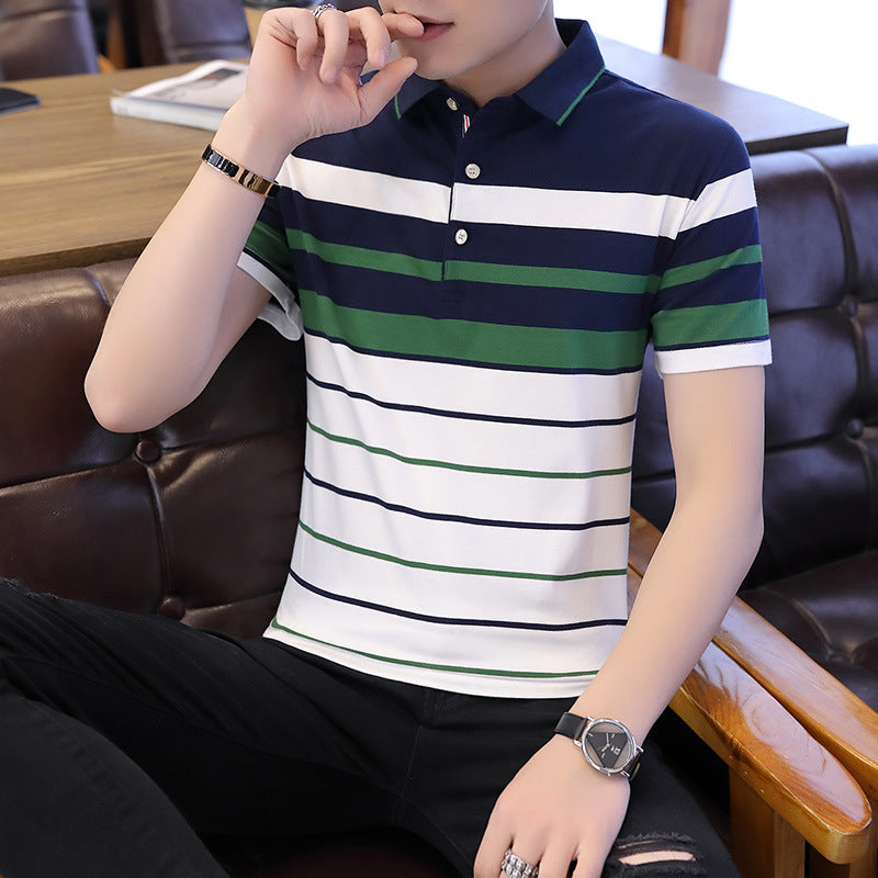 Summer new men's short-sleeved t-shirt striped cotton lapel polo shirt