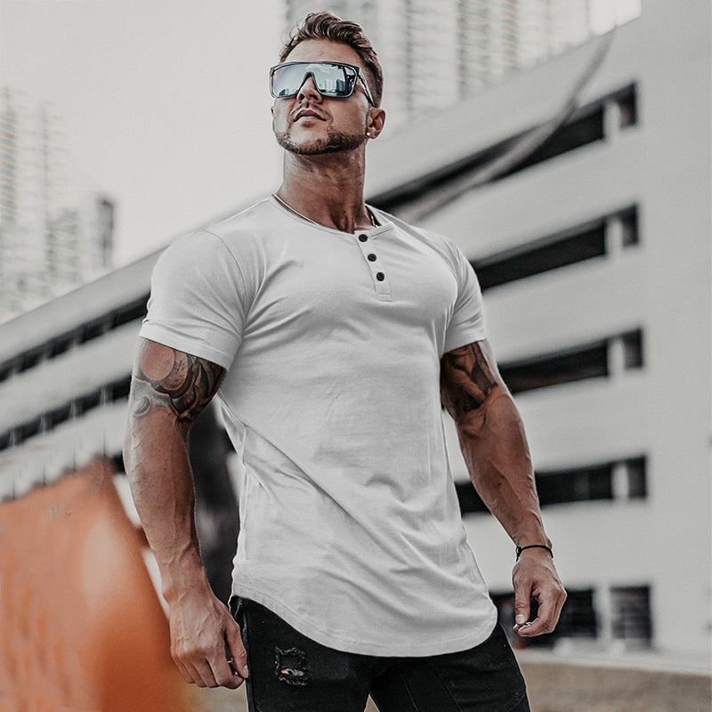 European and American summer trendy men's slim long section breathable fitness short-sleeved