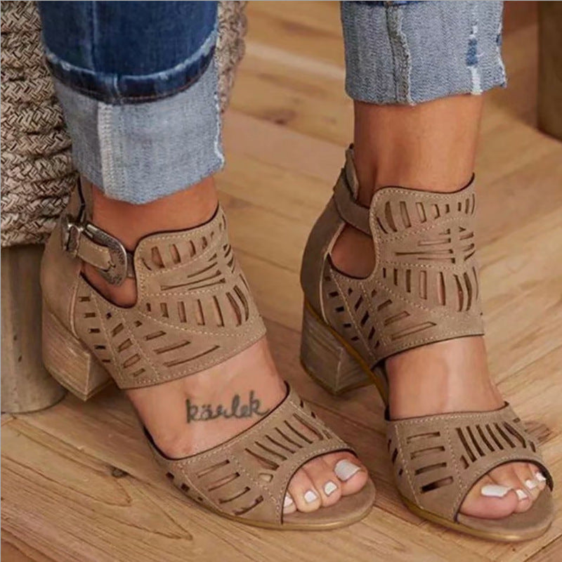 New hollow open toe thick heel female sandals