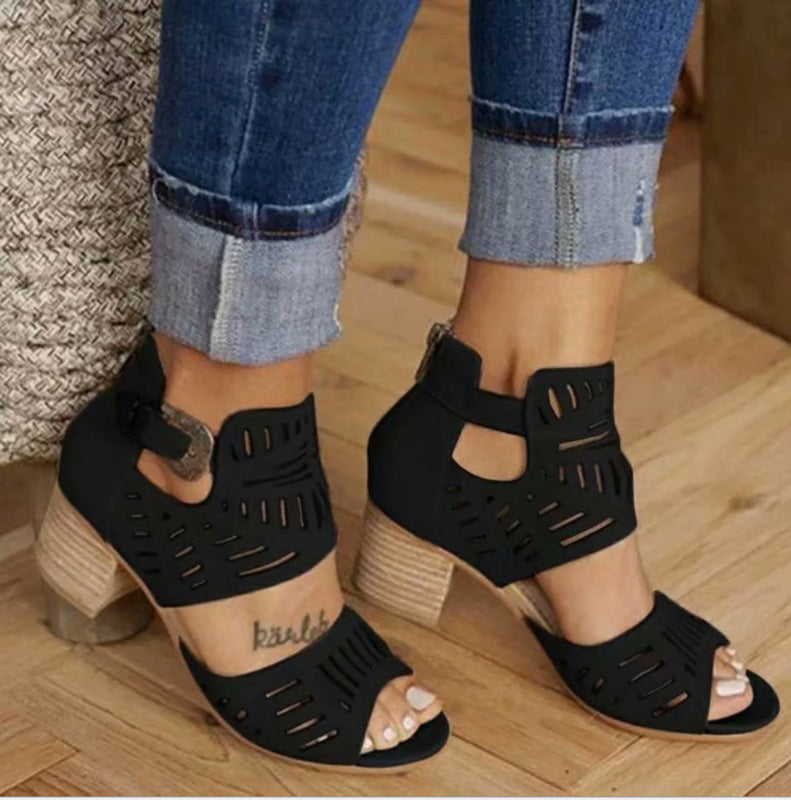 New hollow open toe thick heel female sandals