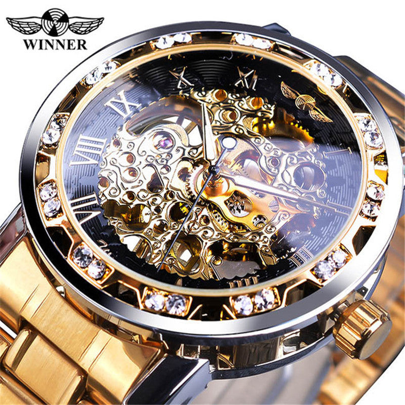men's fashion casual popular hollow rhinestone manual mechanical watch