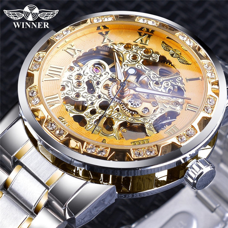 men's fashion casual popular hollow rhinestone manual mechanical watch