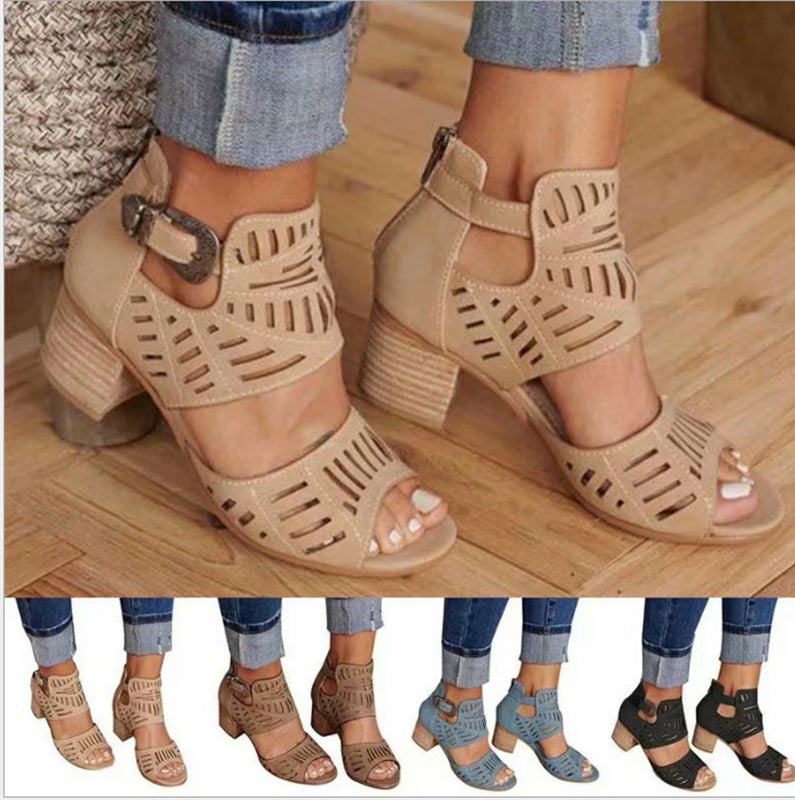 New hollow open toe thick heel female sandals