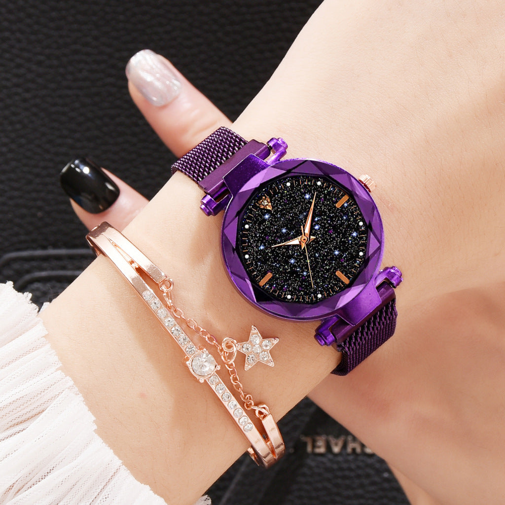 Magnetite cross-border hot style ladies watch starry sky face female watch simple one diamond magnetic set quartz watch