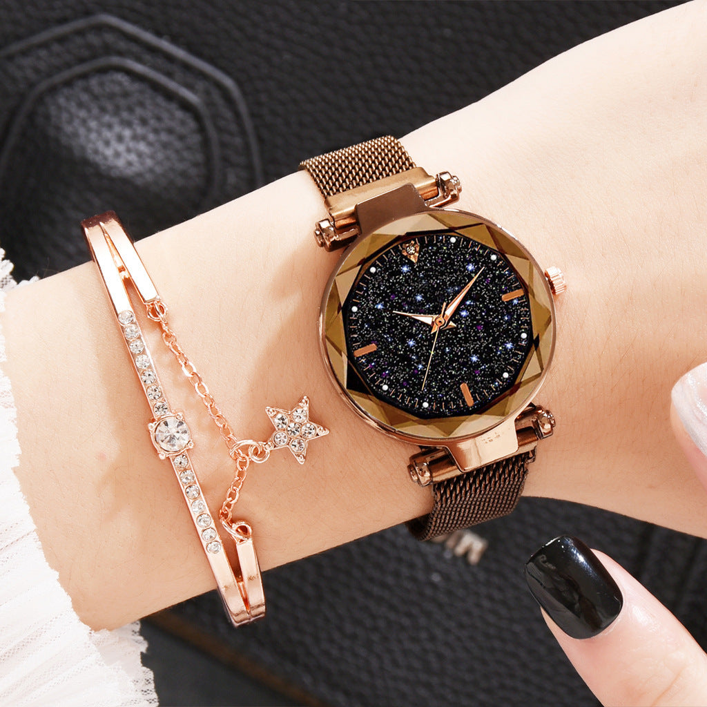 Magnetite cross-border hot style ladies watch starry sky face female watch simple one diamond magnetic set quartz watch