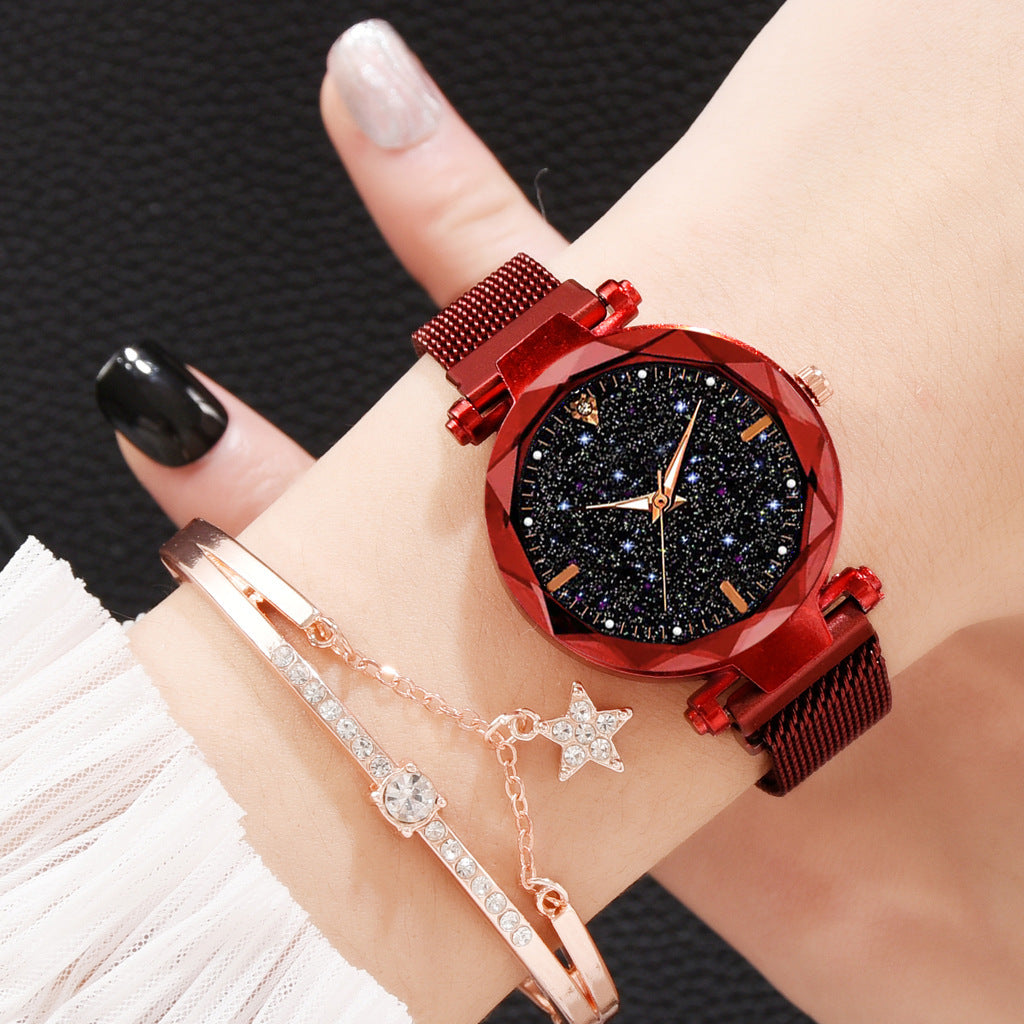 Magnetite cross-border hot style ladies watch starry sky face female watch simple one diamond magnetic set quartz watch