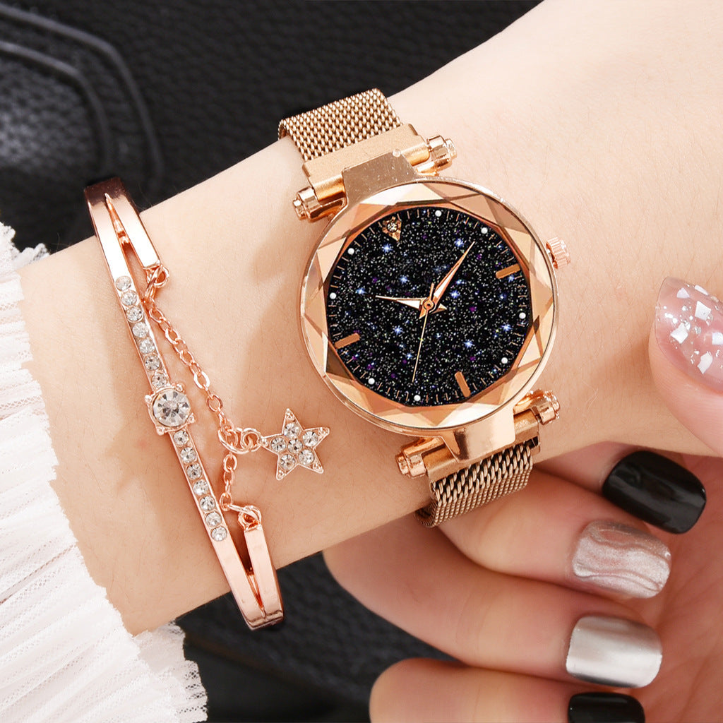 Magnetite cross-border hot style ladies watch starry sky face female watch simple one diamond magnetic set quartz watch