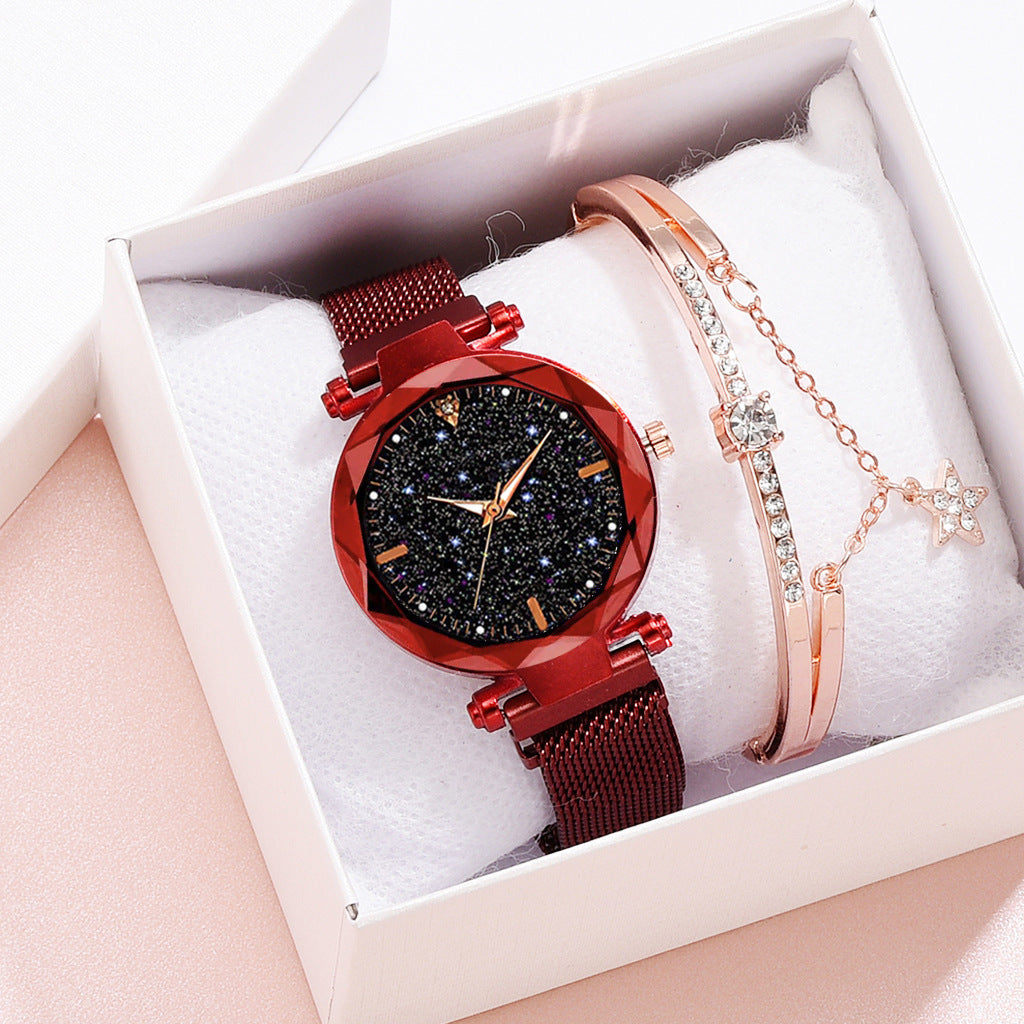 Magnetite cross-border hot style ladies watch starry sky face female watch simple one diamond magnetic set quartz watch