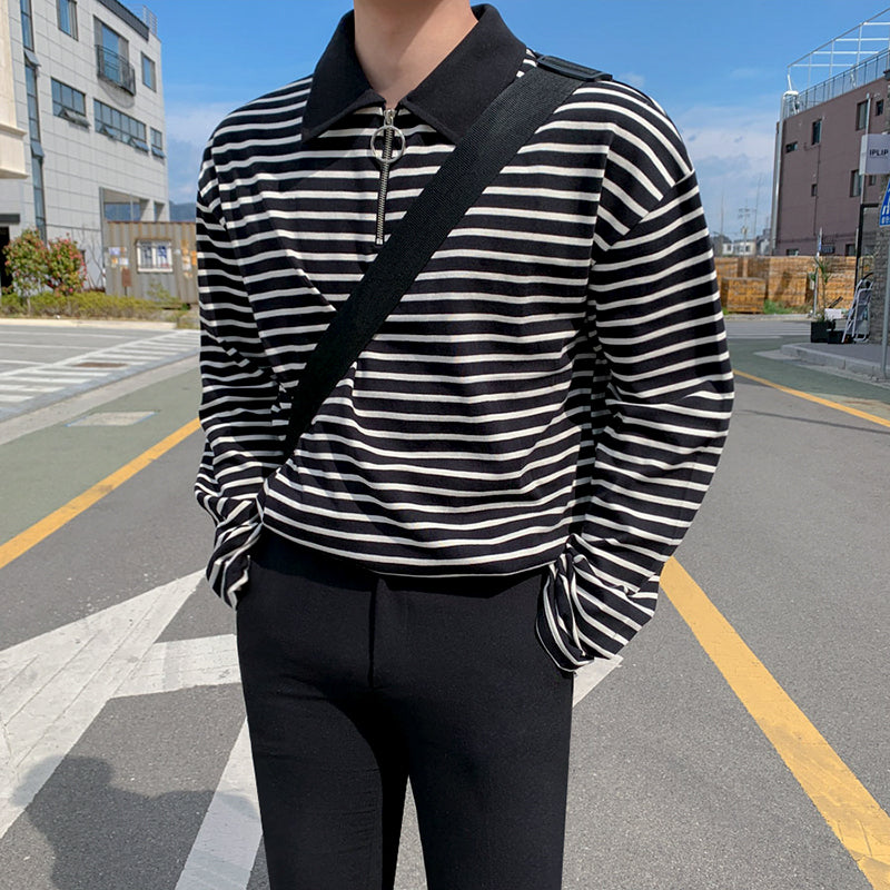 Korean version new loose striped lapel bottoming Polo shirt