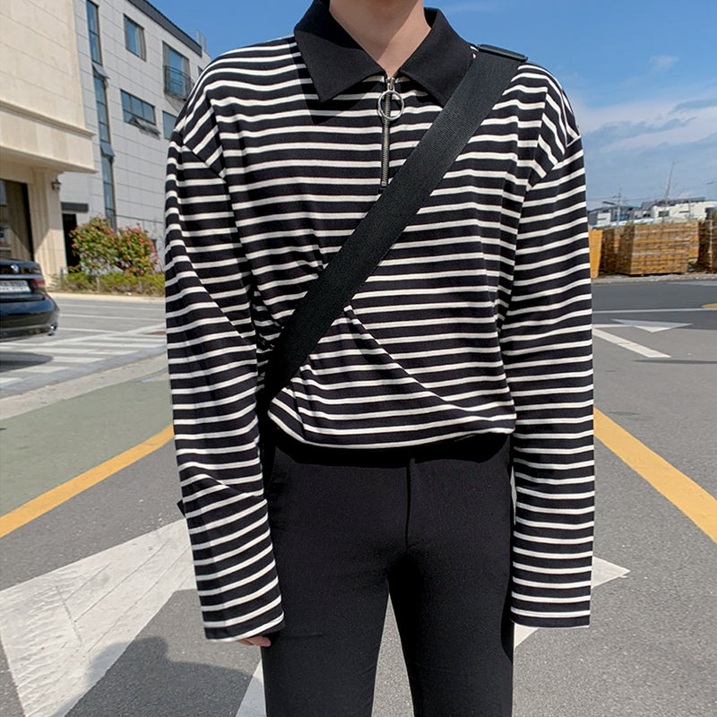 Korean version new loose striped lapel bottoming Polo shirt