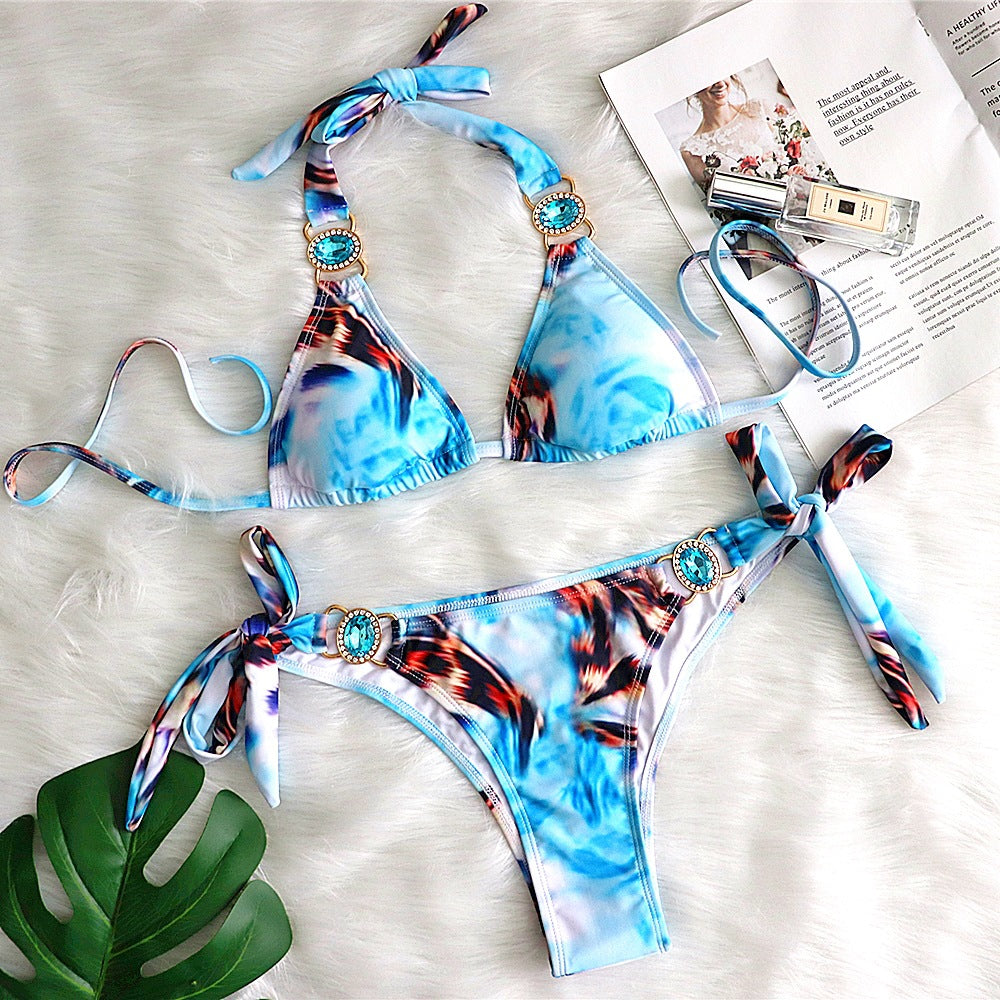 European and American printed strappy knotted female split swimsuit