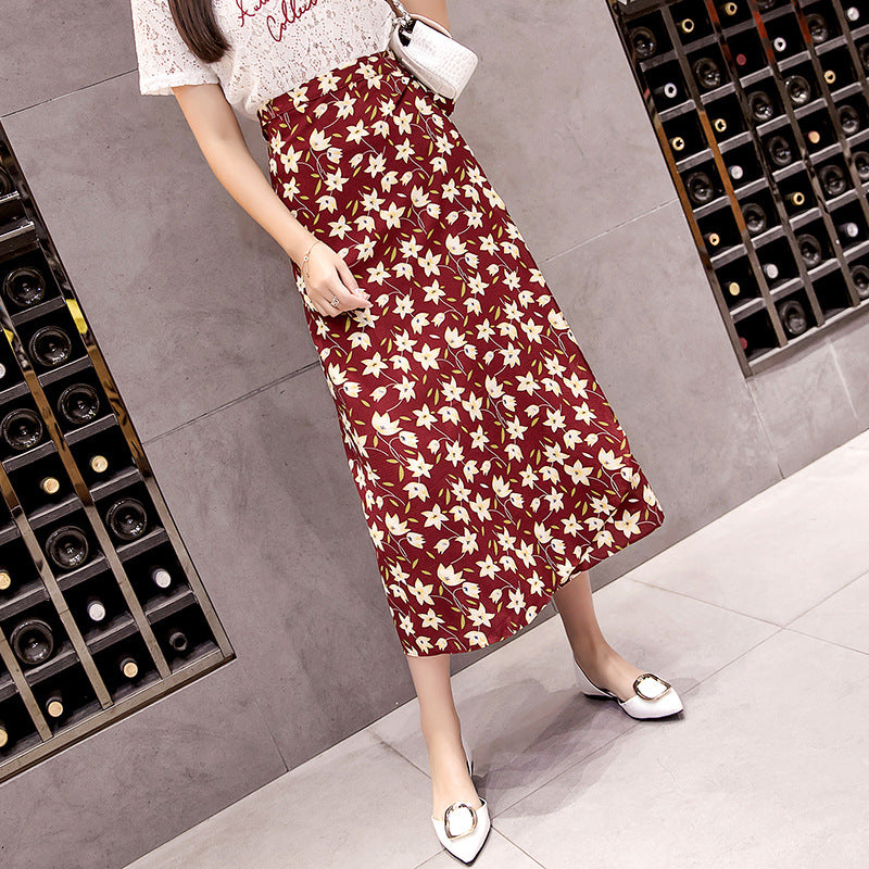 Chiffon Skirt Women's Summer Korean Version Versatile One Piece Small Floral Lace-Up Fashion High Waist Mid-Length Beach Skirt