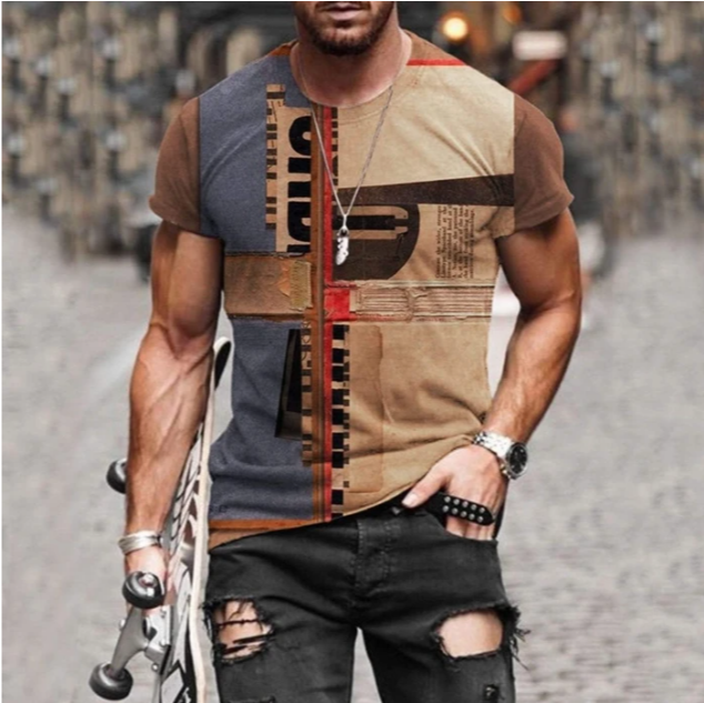 European and American new men's round neck retro print casual sports short-sleeved T-shirt