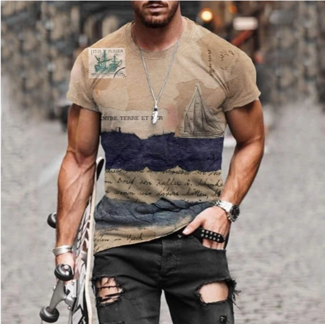 European and American new men's round neck retro print casual sports short-sleeved T-shirt