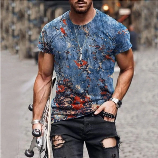 European and American new men's round neck retro print casual sports short-sleeved T-shirt