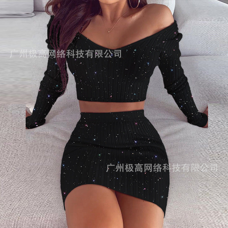 European and American women's clothing cross-border new long-sleeved gold strapless two-piece set