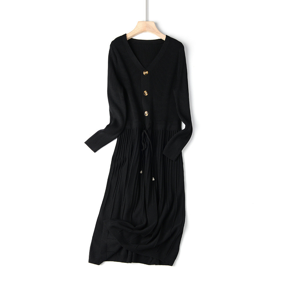 European and American new mid-length bottoming outer wear temperament lace-up V-neck over-the-knee knit sweater dress