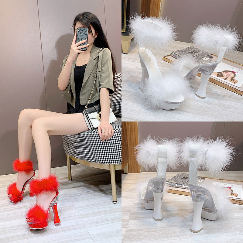 Transparent super high heel 14cm thick heel summer female waterproof platform hairy sexy fairy sandals