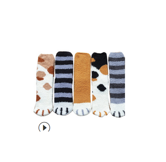 Thickened warm floor socks Coral fleece sleep socks Middle tube winter coral fleece cat paw socks