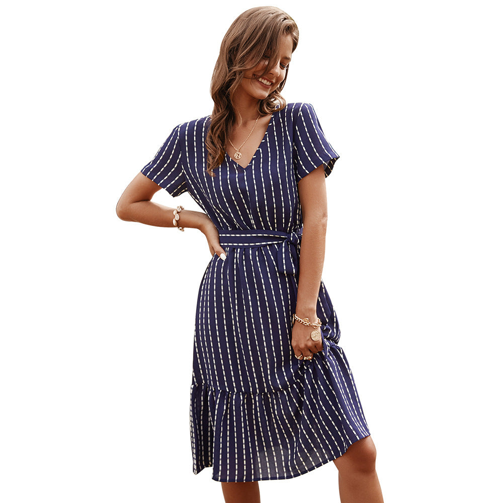 European and American women's V-neck sexy temperament striped dress stand-alone skirt