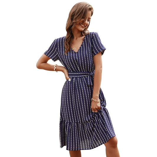 European and American women's V-neck sexy temperament striped dress stand-alone skirt