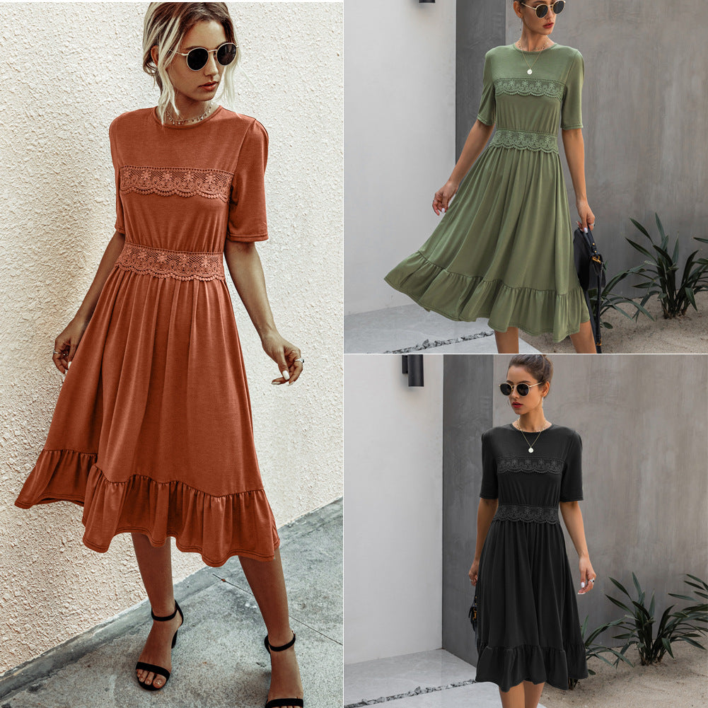 European and American hot sale fashion stitching lace round neck slim female dress