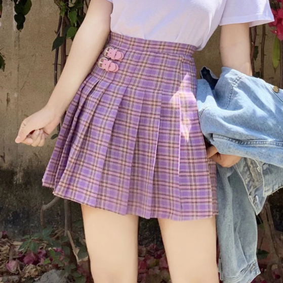 Summer Women Casual School Kawaii Ladies High Waist Plaid Purple Short Skirt