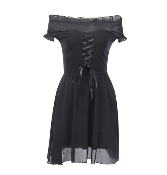 Elegant Party Off Shoulder Mini Dress Women Black Mesh Chiffon Bandage Slim Dress Gothic Streetwear Fashion Sexy Dress