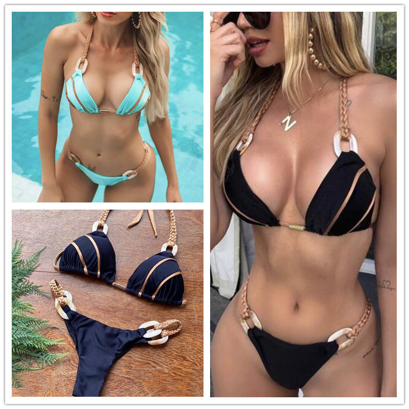 European and American Solid Color Strap Bikini Sexy Swimwear