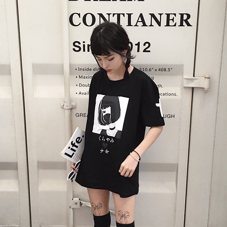 Korea ulzzang Harajuku style retro printed short-sleeved T-shirt