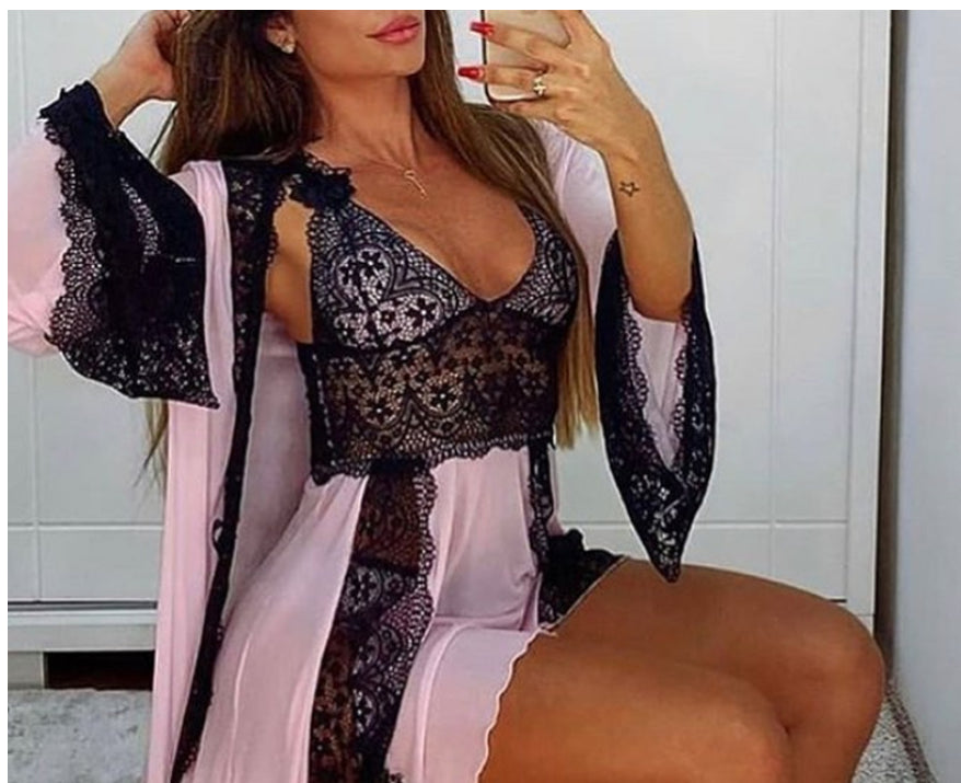 New lace stitching sexy pajamas three-piece set