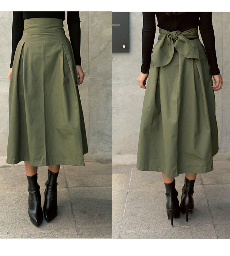 European and American army green skirt a-line skirt umbrella skirt super fire bow big swing skirt slim waist long skirt