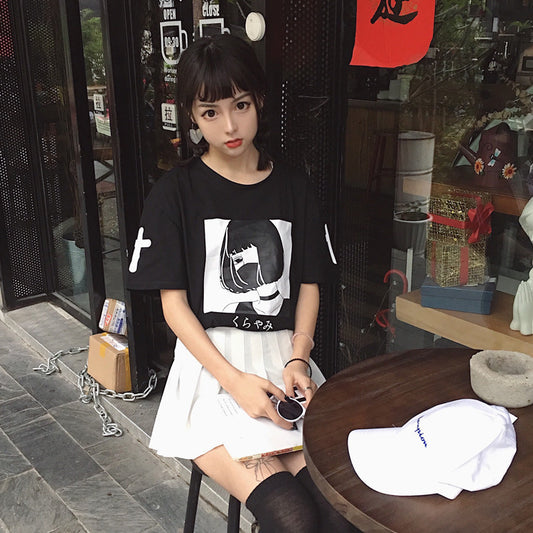 Korea ulzzang Harajuku style retro printed short-sleeved T-shirt