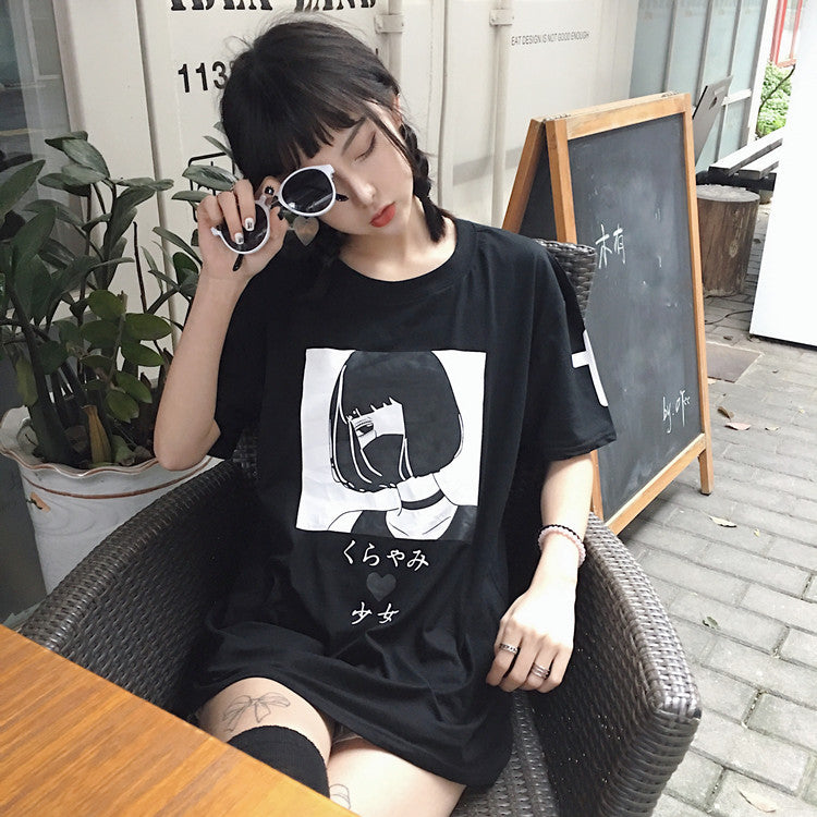 Korea ulzzang Harajuku style retro printed short-sleeved T-shirt