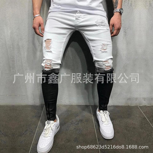 Europe and the United States cross-border hot sale new men's foot zipper hole stretch tight contrast jeans