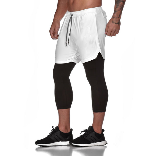 Cross-border new mesh shorts men's sports leisure running fitness double-layer quick-drying breathable fake two-piece nine-point pants