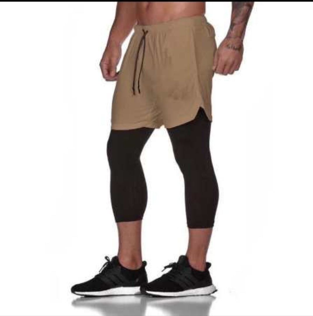 Cross-border new mesh shorts men's sports leisure running fitness double-layer quick-drying breathable fake two-piece nine-point pants