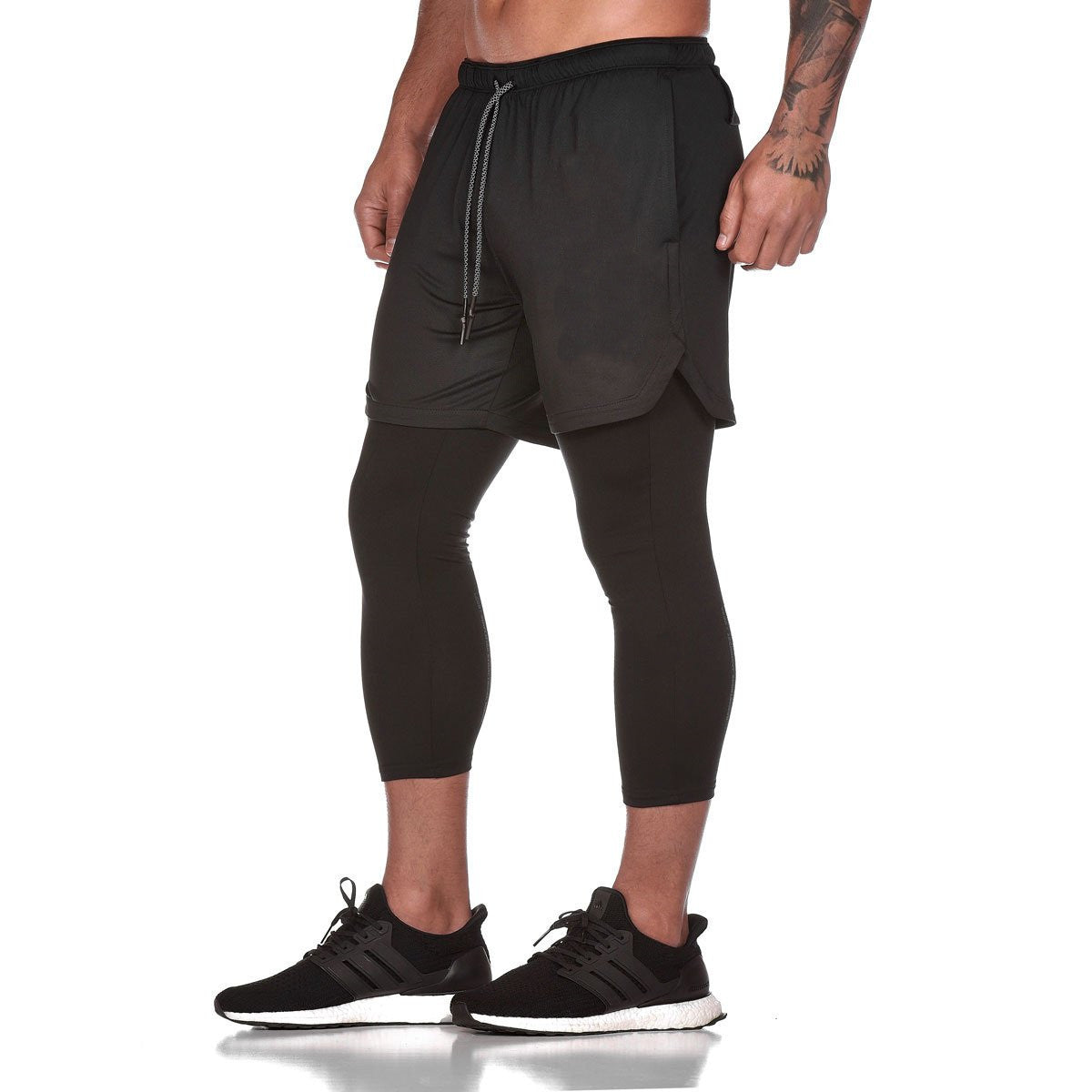 Cross-border new mesh shorts men's sports leisure running fitness double-layer quick-drying breathable fake two-piece nine-point pants