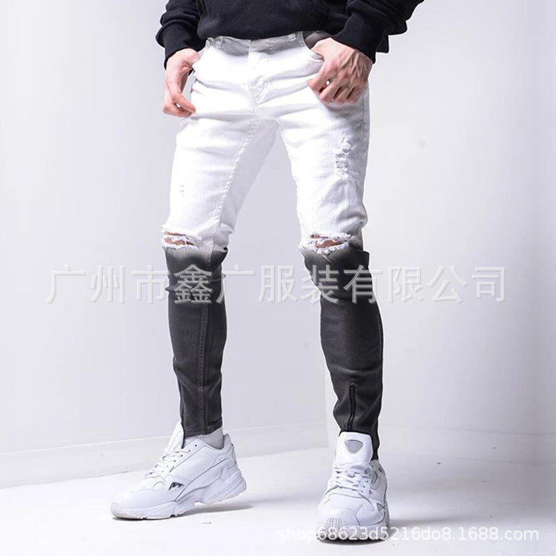 Europe and the United States cross-border hot sale new men's foot zipper hole stretch tight contrast jeans