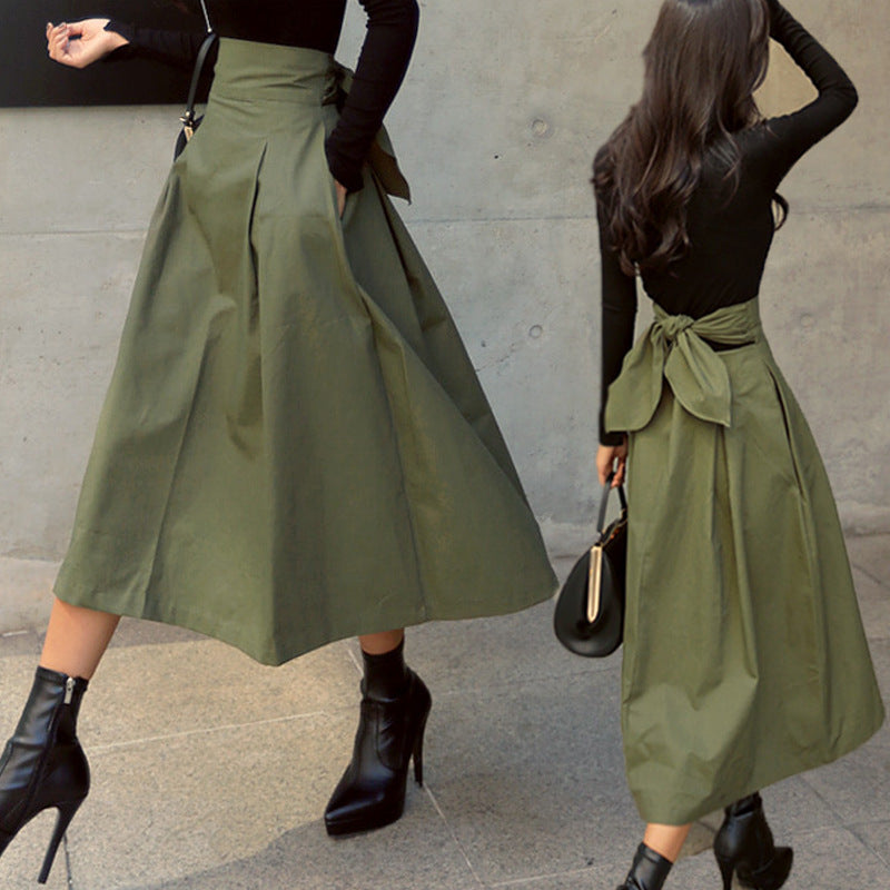 European and American army green skirt a-line skirt umbrella skirt super fire bow big swing skirt slim waist long skirt